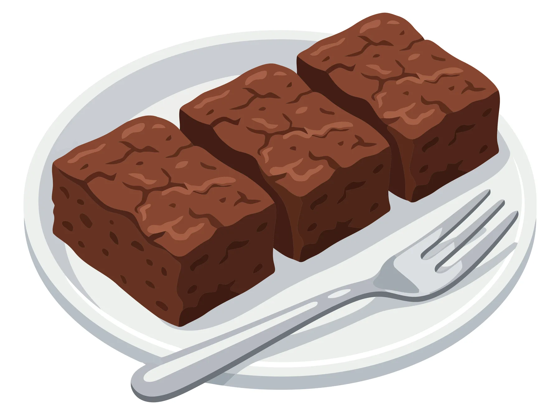 three chocolate brownies on a white plate with a fork