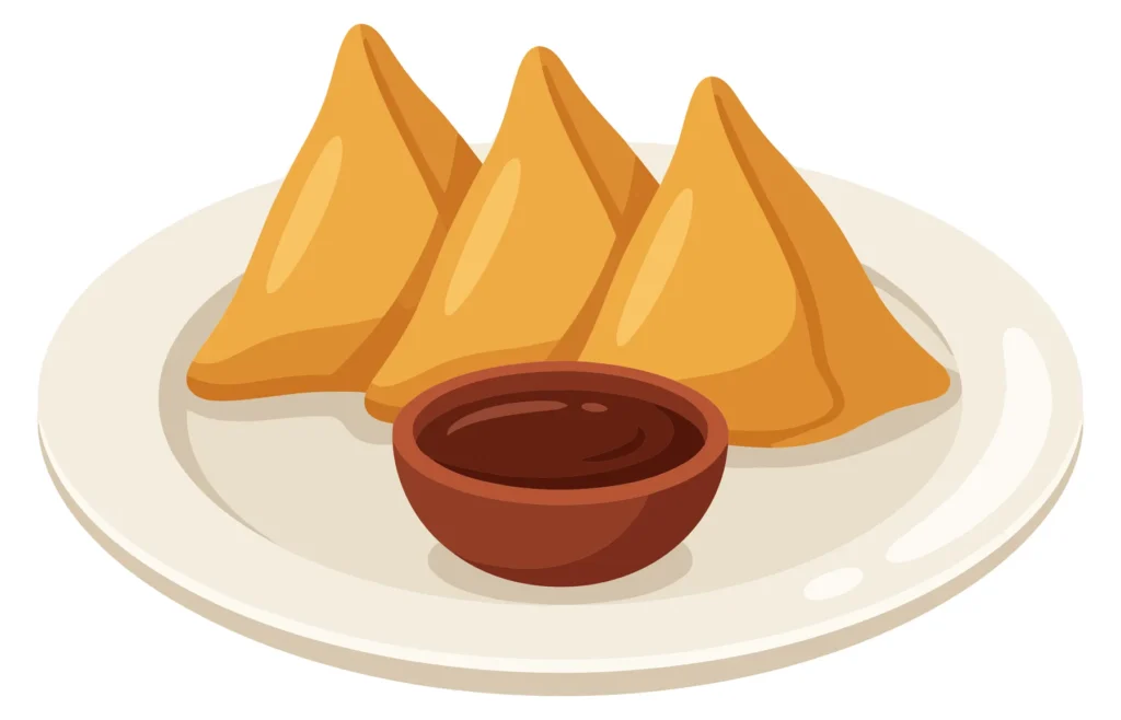 three crispy triangleshaped samosas served on a white plate with a bowl of dark dipping sauce