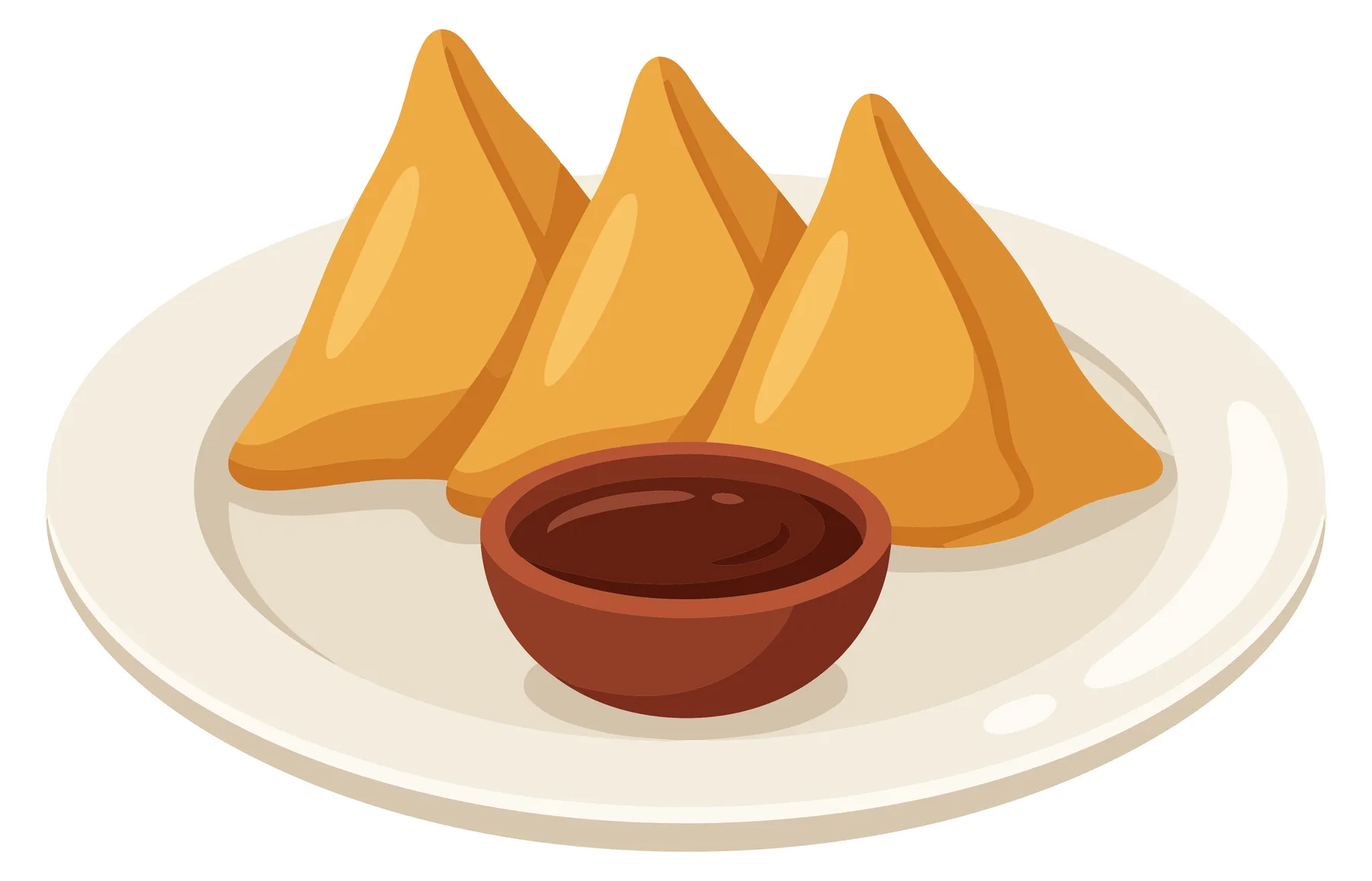 three crispy triangleshaped samosas served on a white plate with a bowl of dark dipping sauce