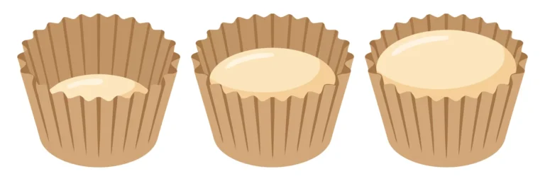 three cupcake liners filled with different amounts of batter showing the filling process