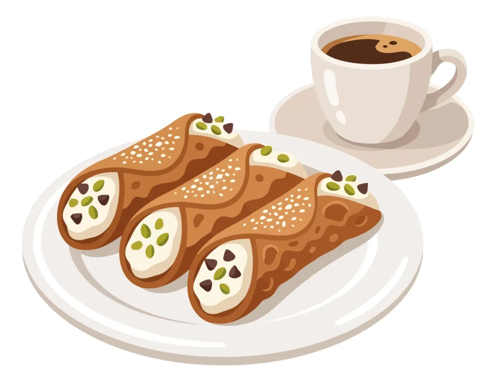 three delicious italian cannoli pastries filled with sweet ricotta cream, chocolate chips, and pistachios, served on a white plate with a cu