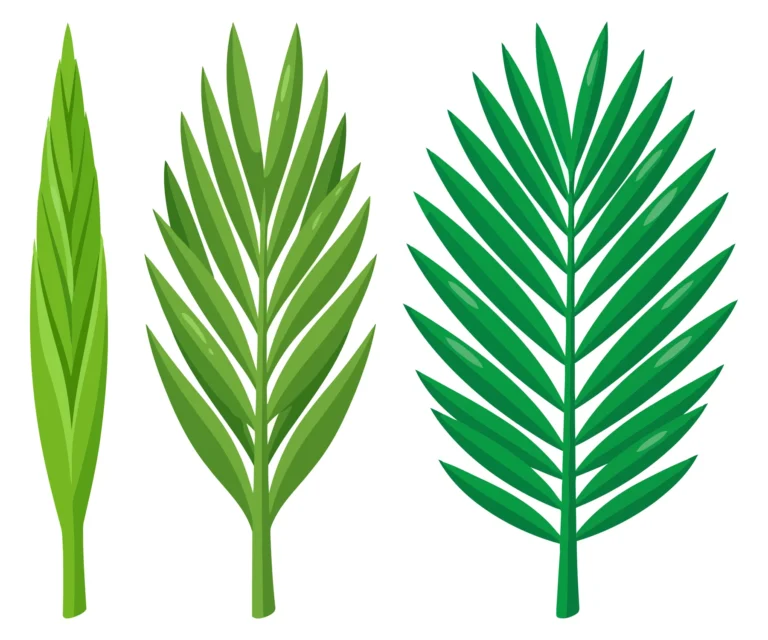 three different green palm fronds and leaves