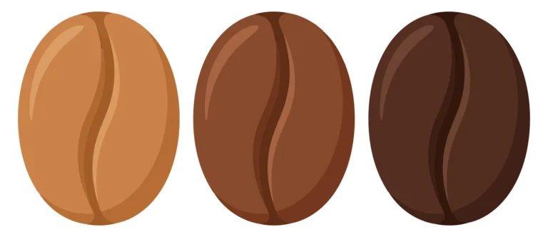 three different roasted coffee beans in brown shades isolated on white background