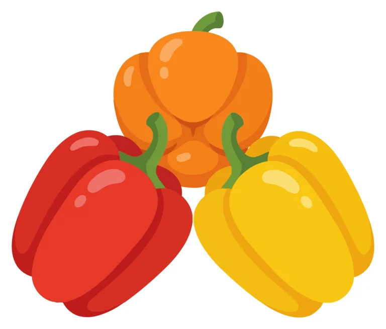 three fresh bell peppers in red, orange, and yellow colors arranged together, vibrant vegetable illustration for healthy food concepts and c