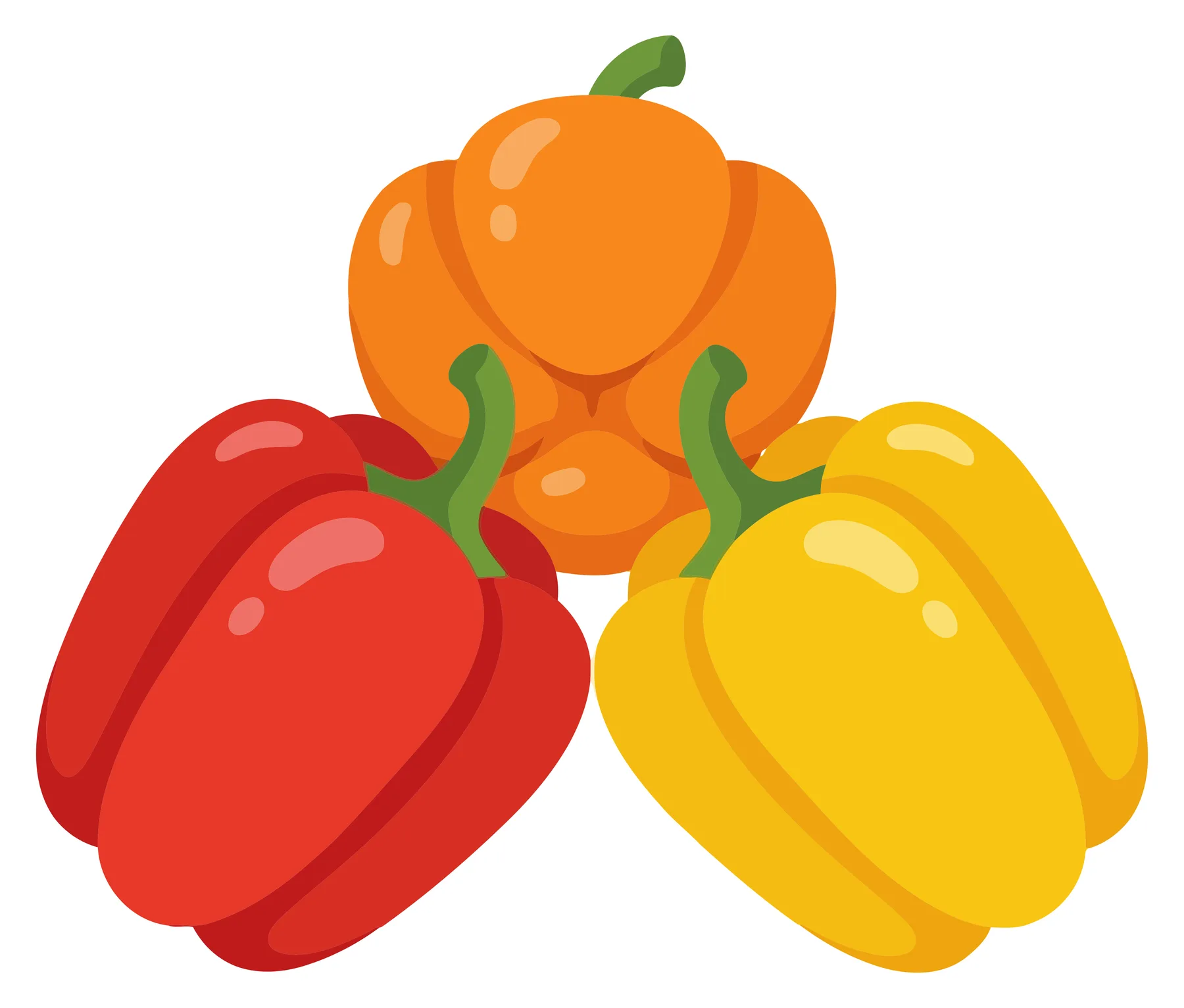 three fresh bell peppers in red, orange, and yellow colors arranged together, vibrant vegetable illustration for healthy food concepts and c
