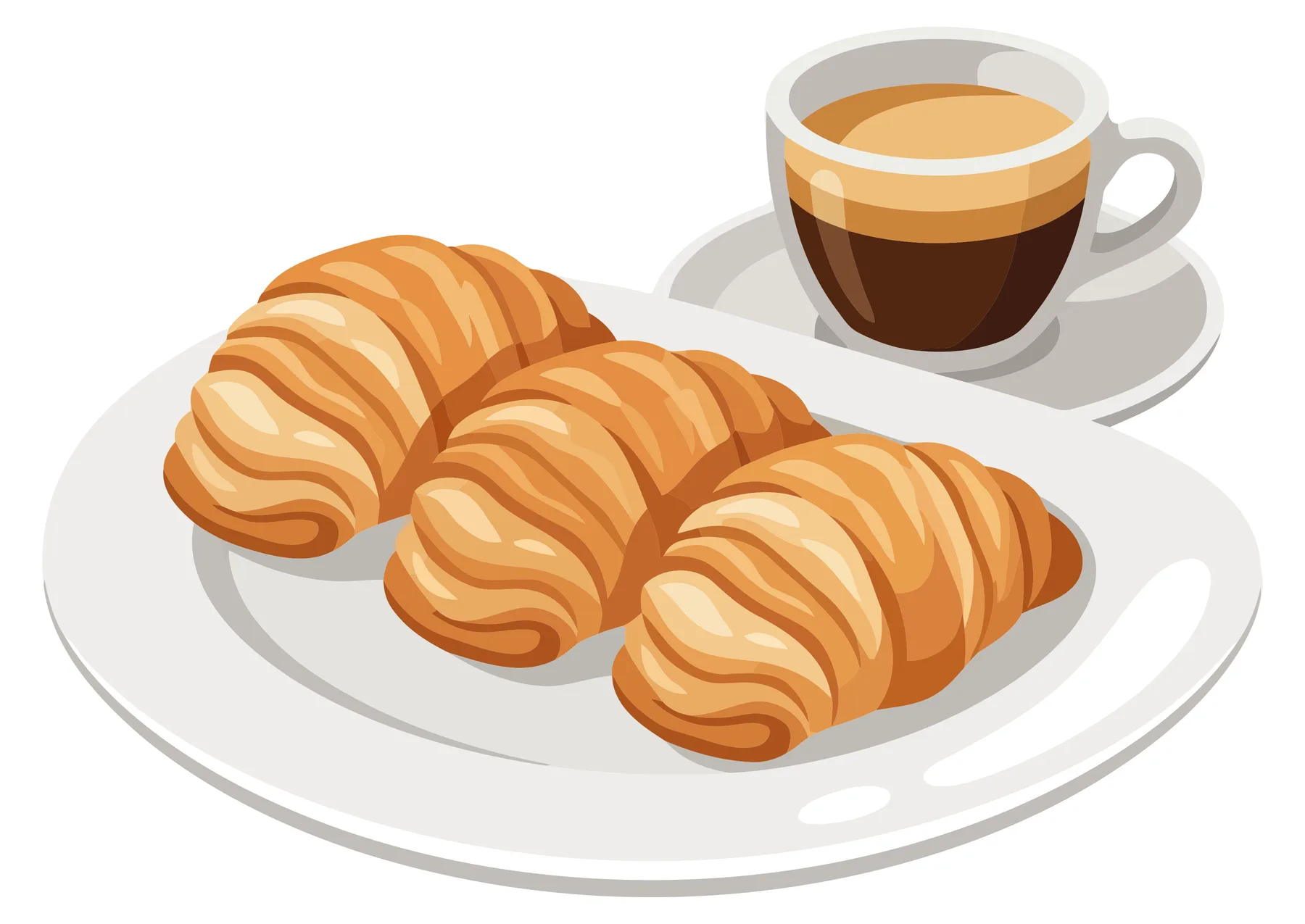 three fresh croissants on a white plate with a cup of coffee isolated on white background