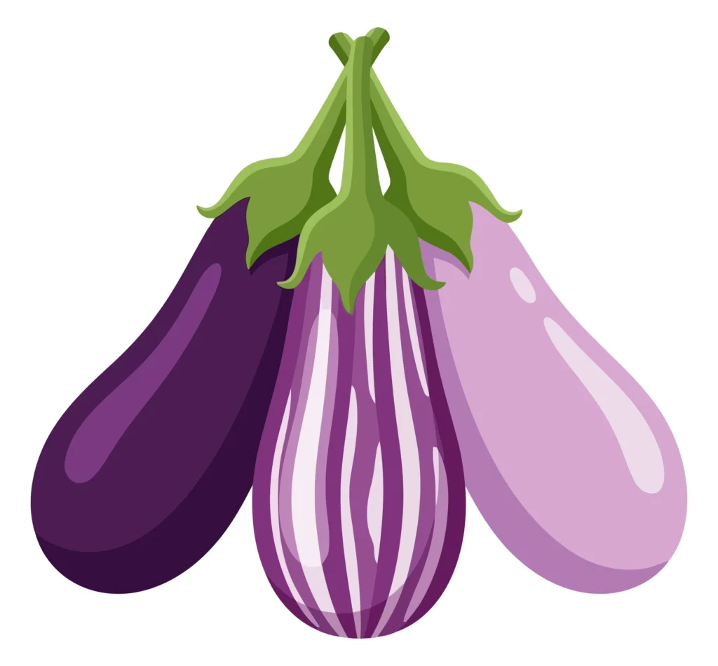 three fresh eggplants with different colors and patterns, including deep purple, striped, and light lavender, arranged together with green s
