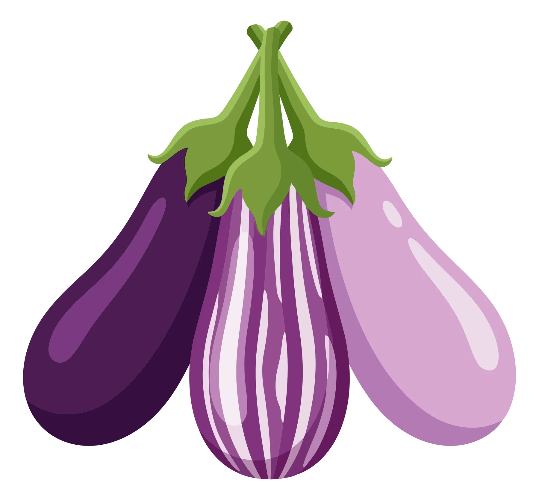 three fresh eggplants with different colors and patterns, including deep purple, striped, and light lavender, arranged together with green s