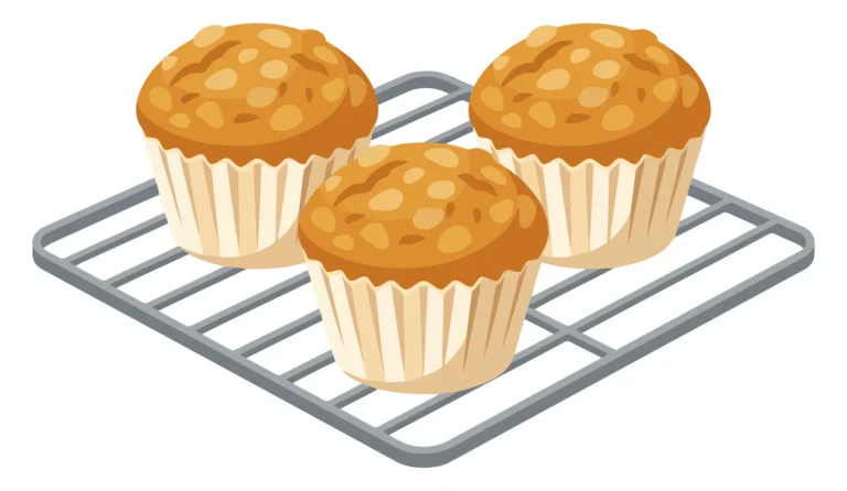 three freshly baked golden brown muffins cooling on a wire rack
