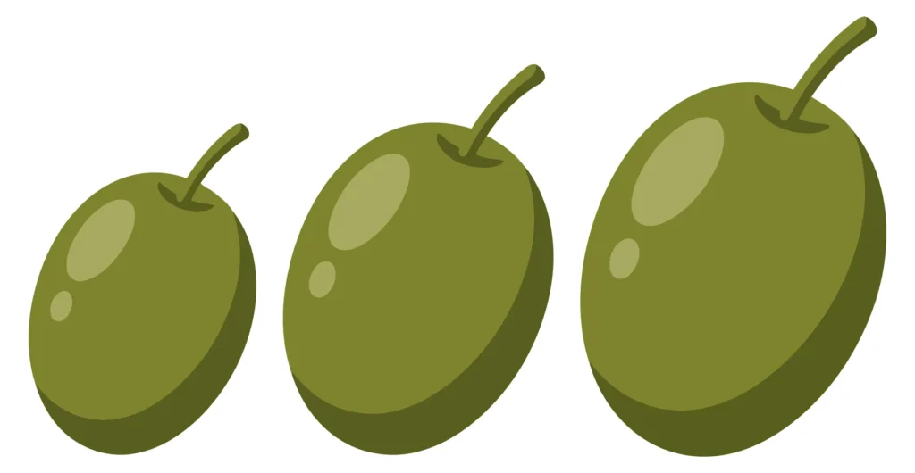 three green olives with stems isolated on white background