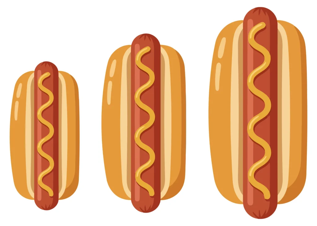 three hot dogs of different sizes isolated on white background