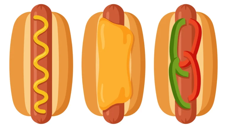 three hot dogs with different toppings isolated on white background