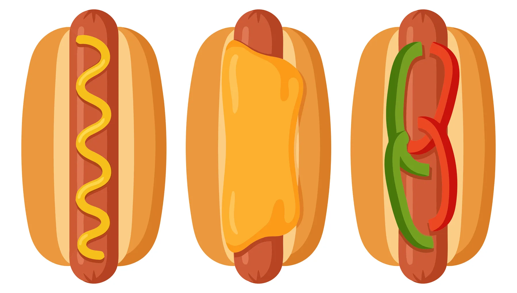 three hot dogs with different toppings isolated on white background