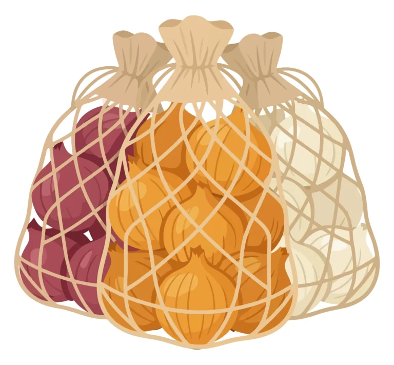 three mesh bags filled with different types of onions, including red, yellow, and white varieties, arranged together in a group, vector illu