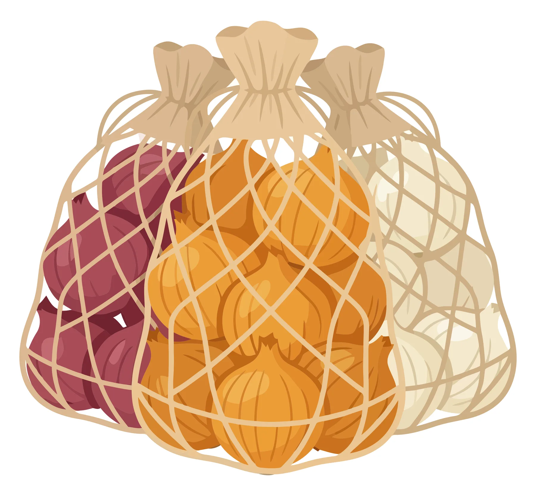 three mesh bags filled with different types of onions, including red, yellow, and white varieties, arranged together in a group, vector illu