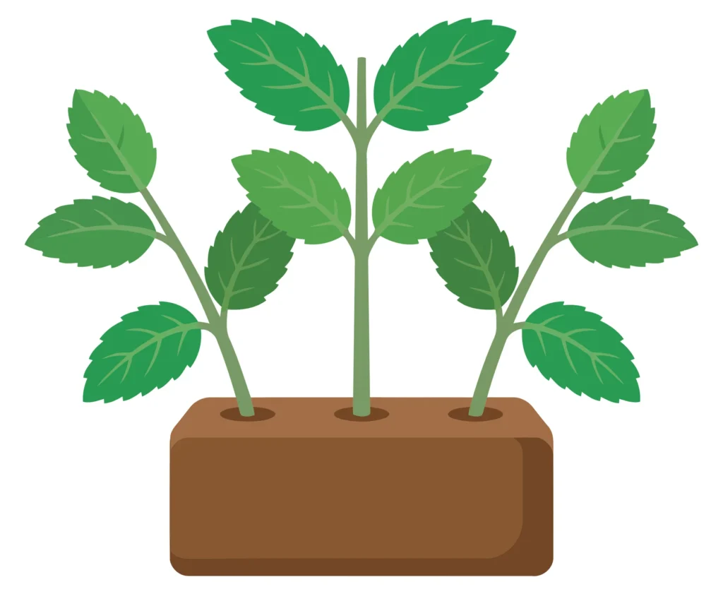 three mint plants growing together in a single soil bed isolated on white background