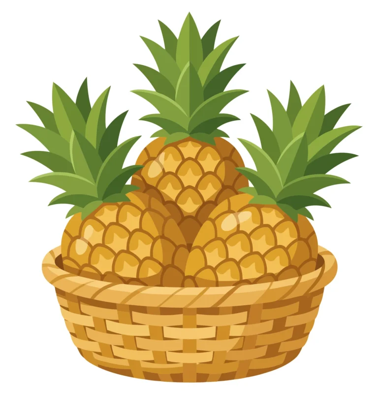 three pineapples in a woven basket isolated on white background