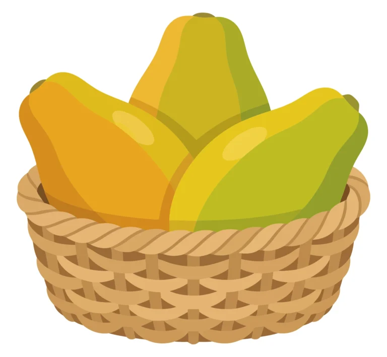 three ripe papayas in a woven wicker basket isolated on white background