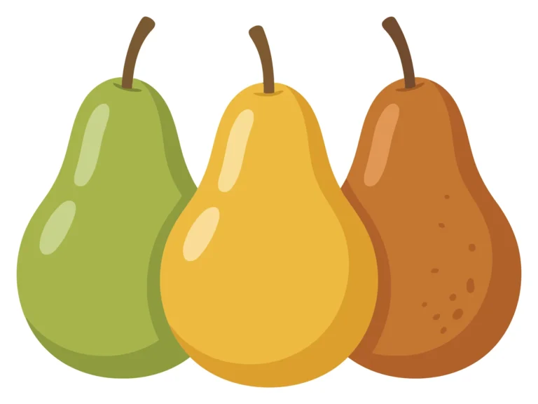 three ripe pears of different colors, green, yellow, and brown, arranged in a row, isolated on white background