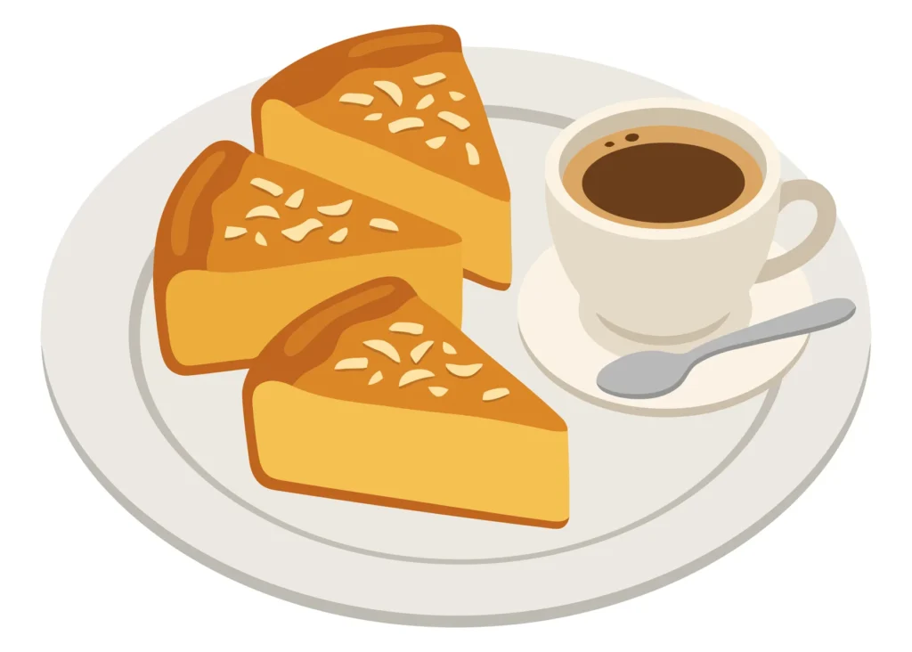 three slices of almond cake served on a plate with a cup of coffee and a spoon