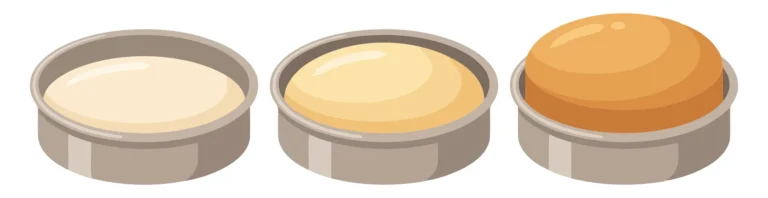three stages of baking a cake, from raw batter to proofed dough and finally a golden baked cake in a round metal pan, isolated on white back