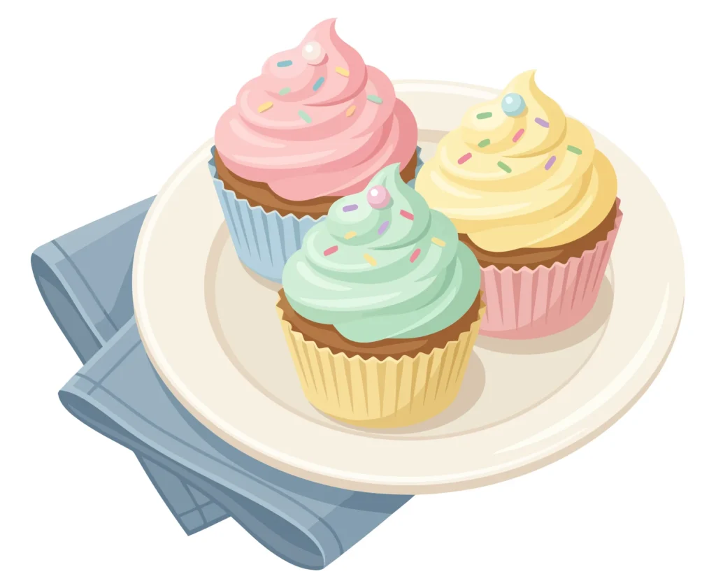 three sweet cupcakes with colorful frosting and sprinkles on a plate, isolated on white background