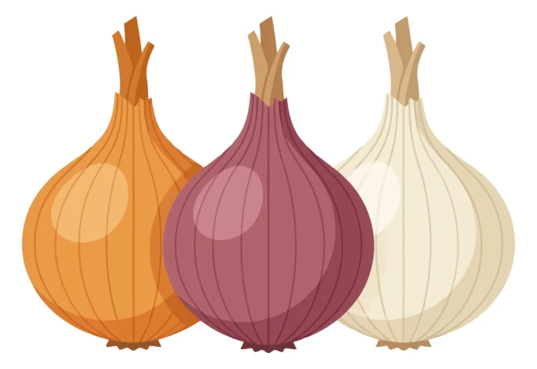 three whole onions in different colors yellow, red, and white