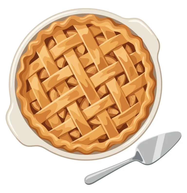 top view of a delicious homemade apple pie with a lattice crust in a ceramic baking dish next to a metal cake server isolated on white backg