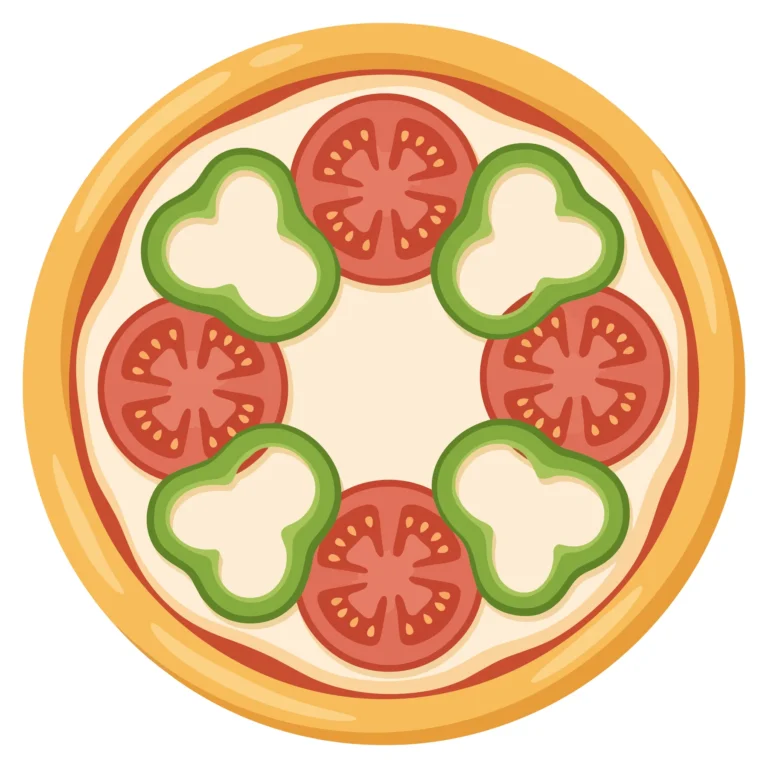top view of a delicious pizza with tomato slices and green bell pepper rings arranged in a circular pattern on a light crust