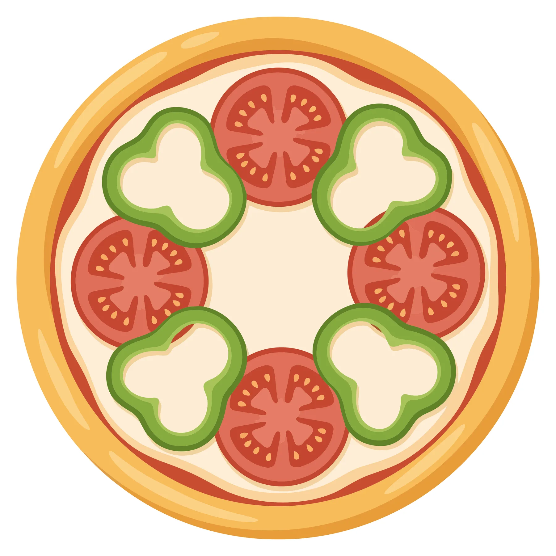 top view of a delicious pizza with tomato slices and green bell pepper rings arranged in a circular pattern on a light crust