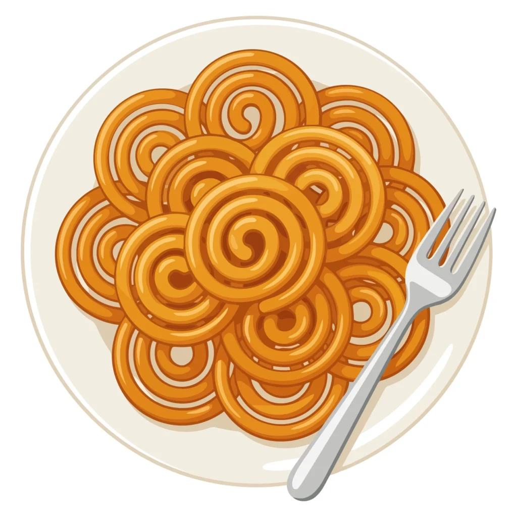 top view of a plate of delicious orange jalebi sweets with a silver fork