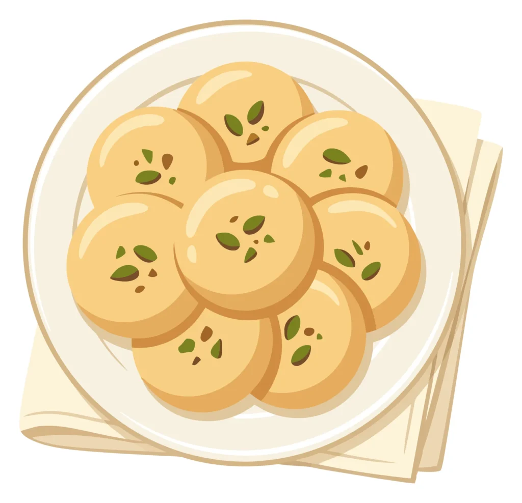 top view of a plate with traditional indian peda sweets garnished with pistachio slices, isolated on white background