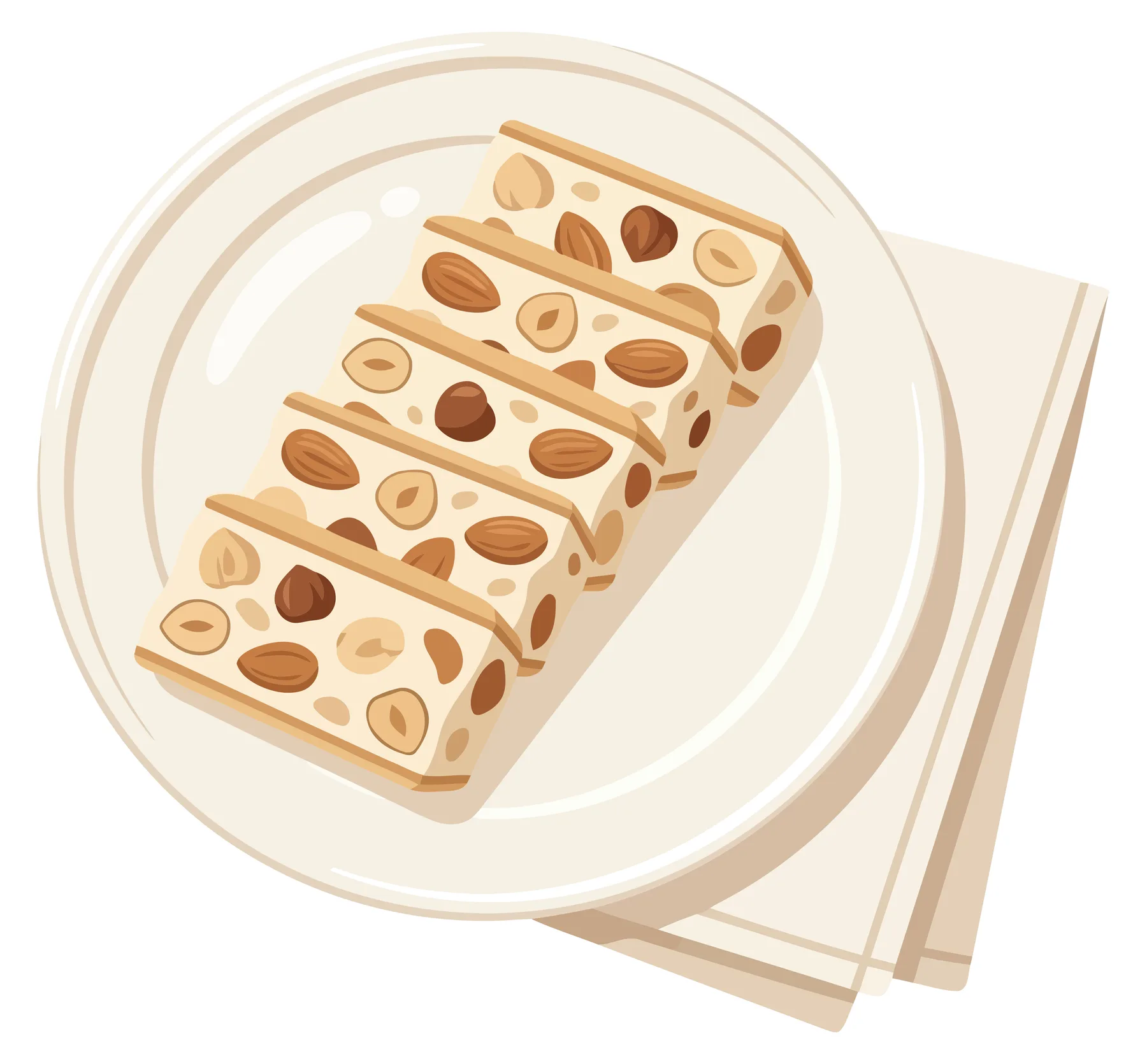 top view of delicious nougat bars with whole nuts on a white plate, vector illustration of traditional sweet dessert