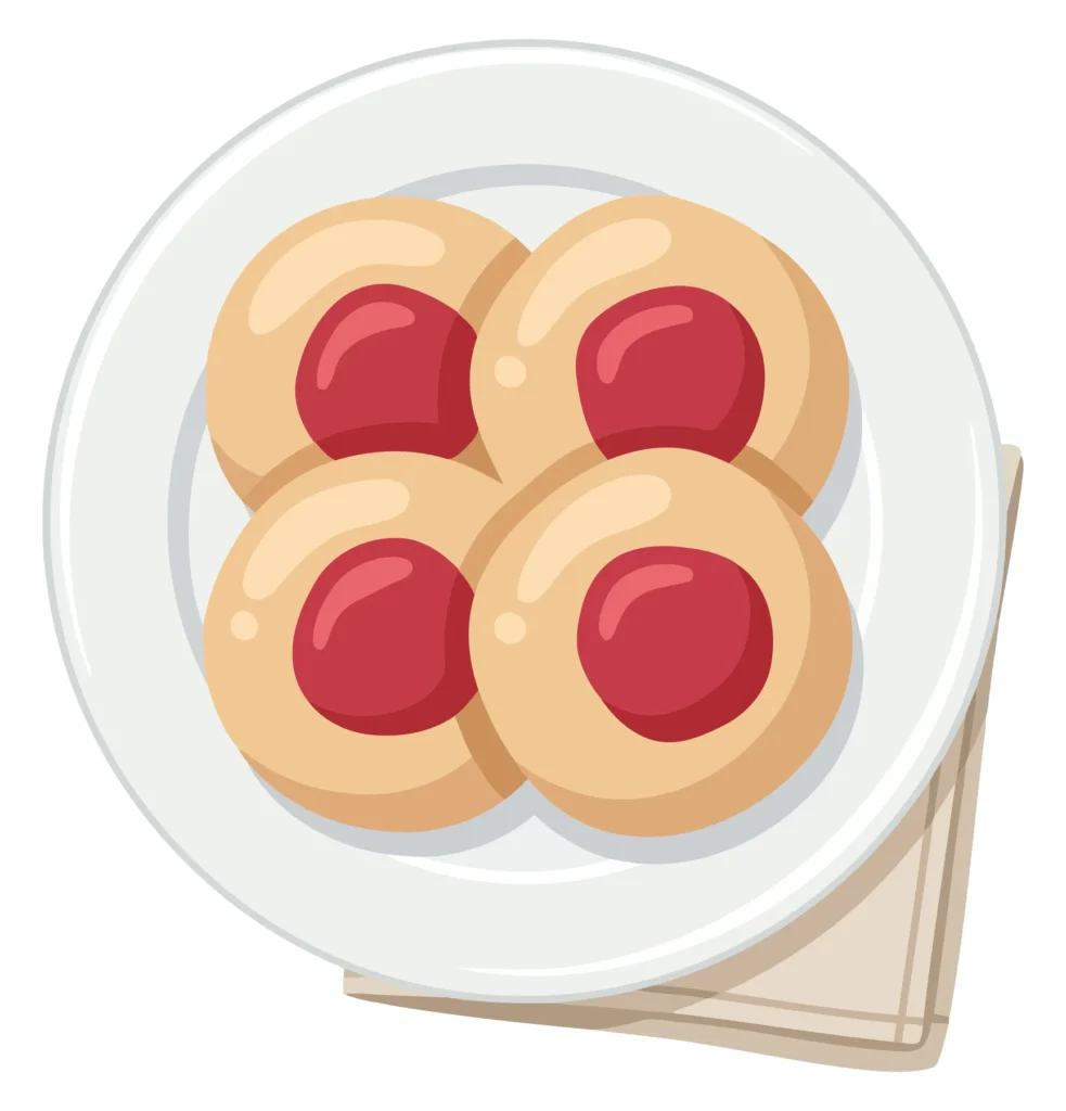 top view of four delicious thumbprint cookies with red jam filling served on a white plate with a napkin, vector illustration isolated on wh
