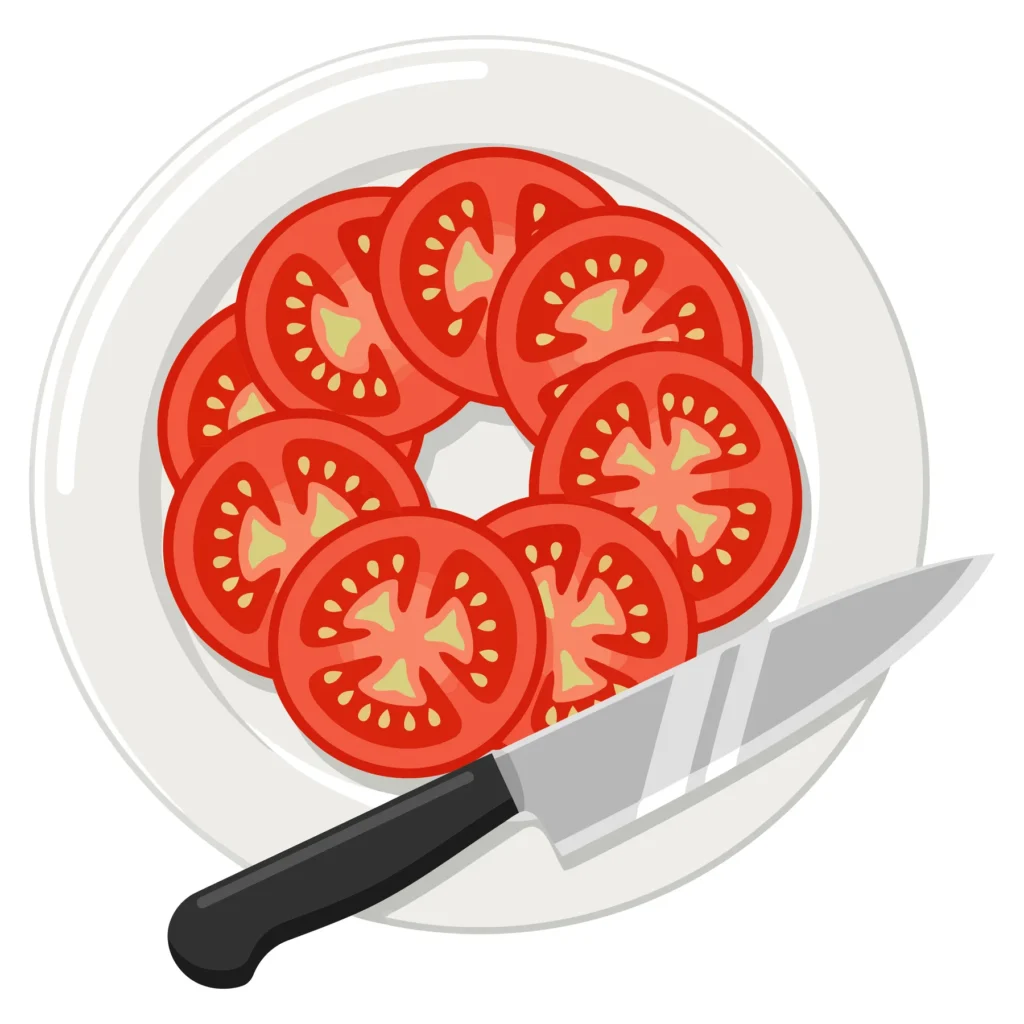 Fresh Sliced Tomatoes Arranged in a Circle on a White Plate top view of fresh sliced red tomatoes arranged in a circle on a white plate with a kitchen knife isolated on white background