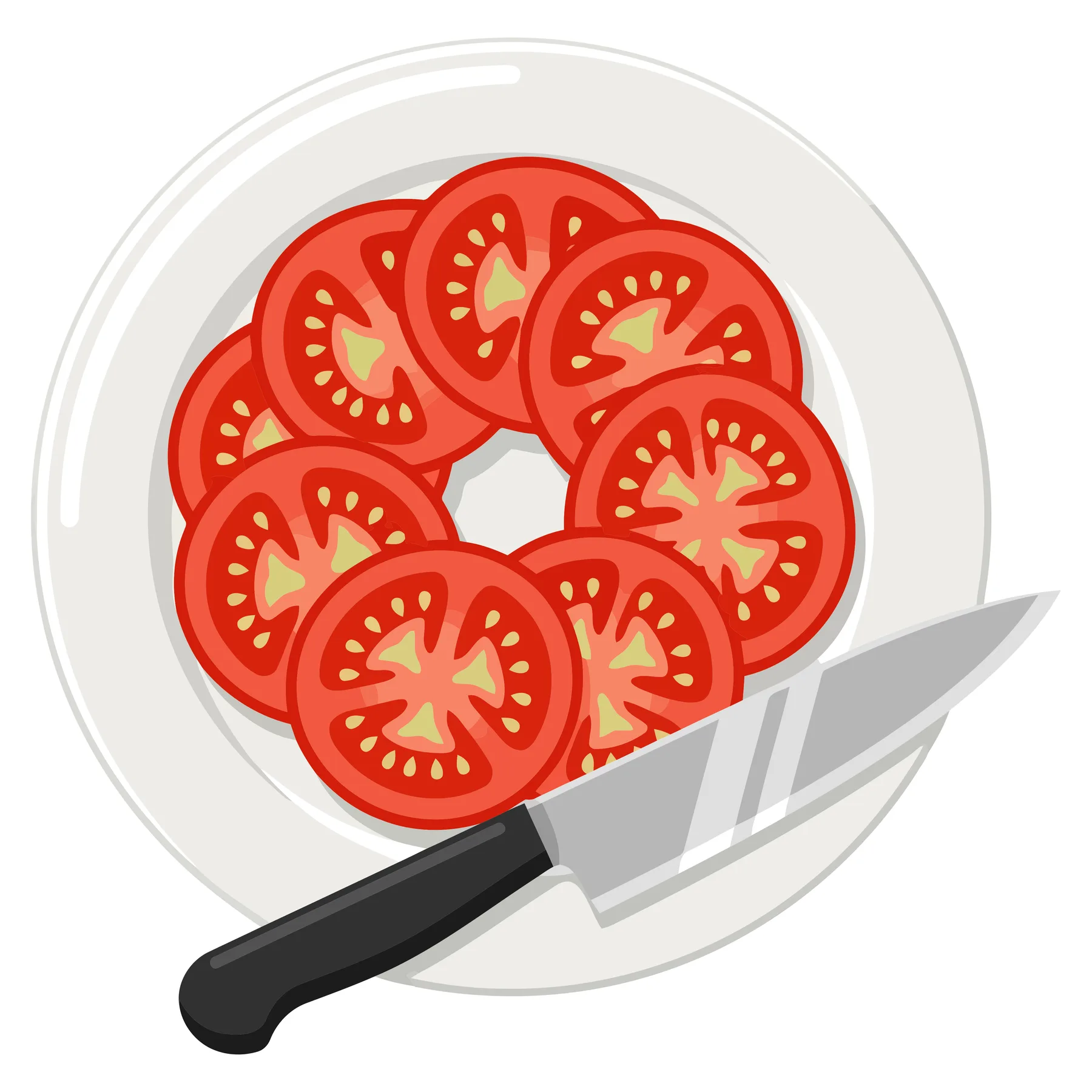 top view of fresh sliced red tomatoes arranged in a circle on a white plate with a kitchen knife isolated on white background