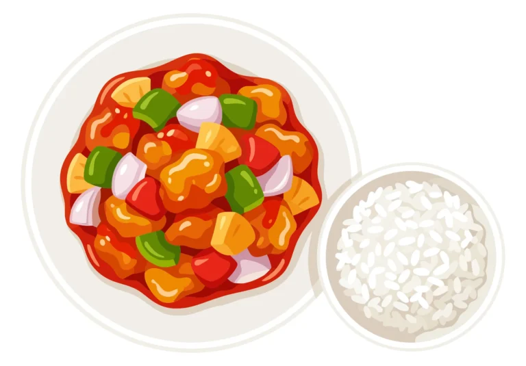 top view of sweet and sour pork with pineapple, bell peppers, and onions served with a bowl of steamed white rice isolated on white backgrou