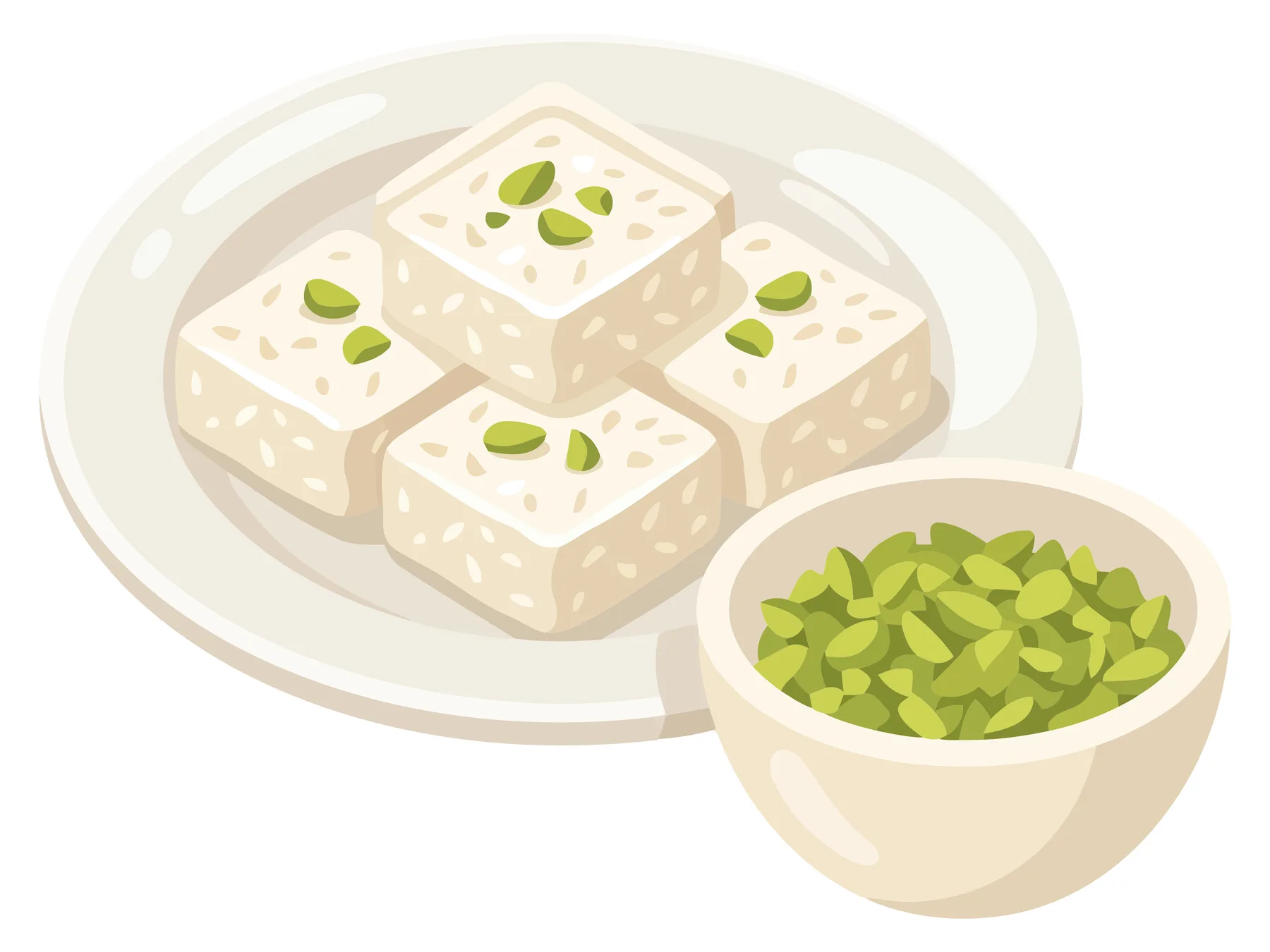 traditional indian sweet burfi on a plate with pistachios isolated on white background
