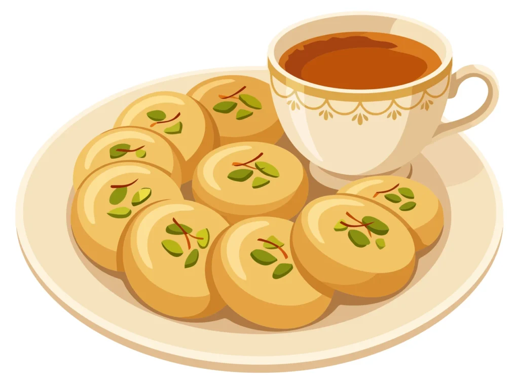 traditional indian sweet peda served with a cup of tea on a plate, isolated on white background