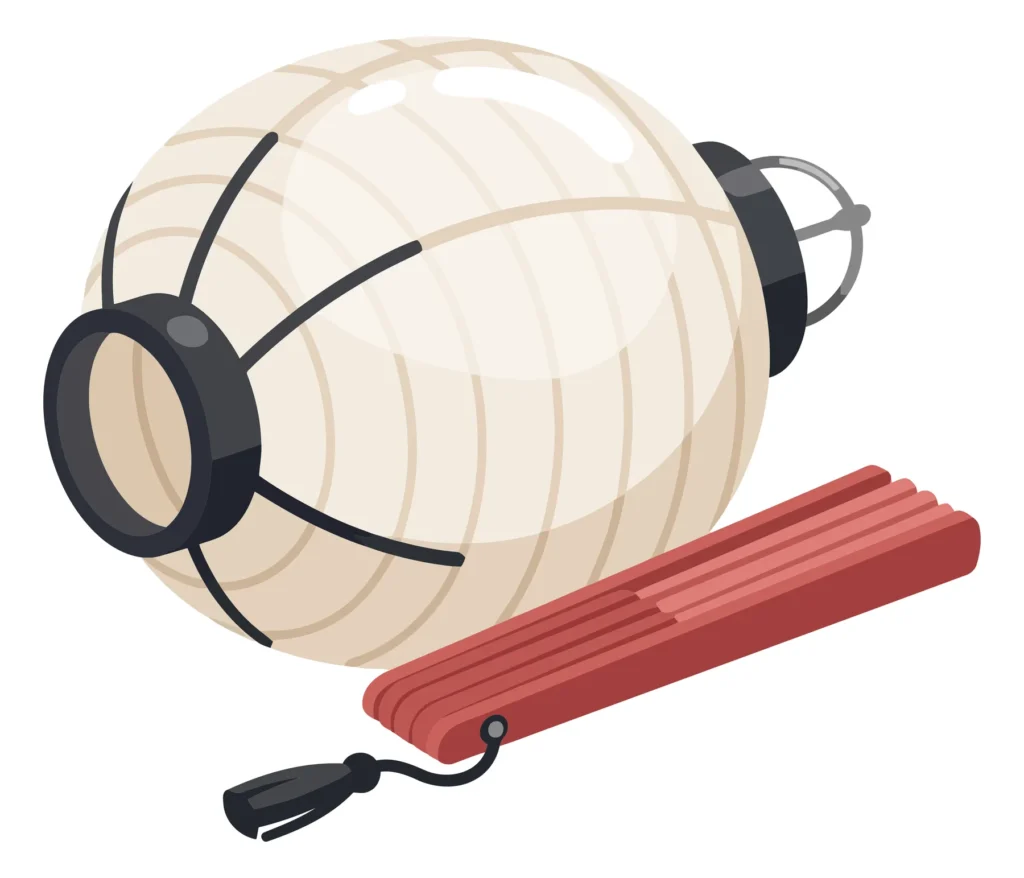 traditional japanese paper lantern with red folding fan