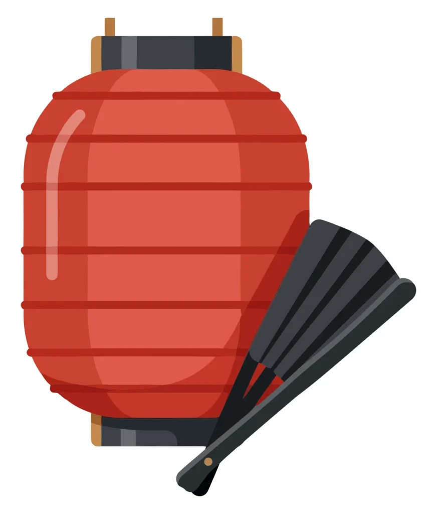 traditional japanese red lantern and folding fan