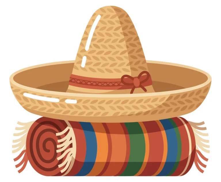traditional mexican sombrero hat and colorful rolled serape blanket isolated on white background