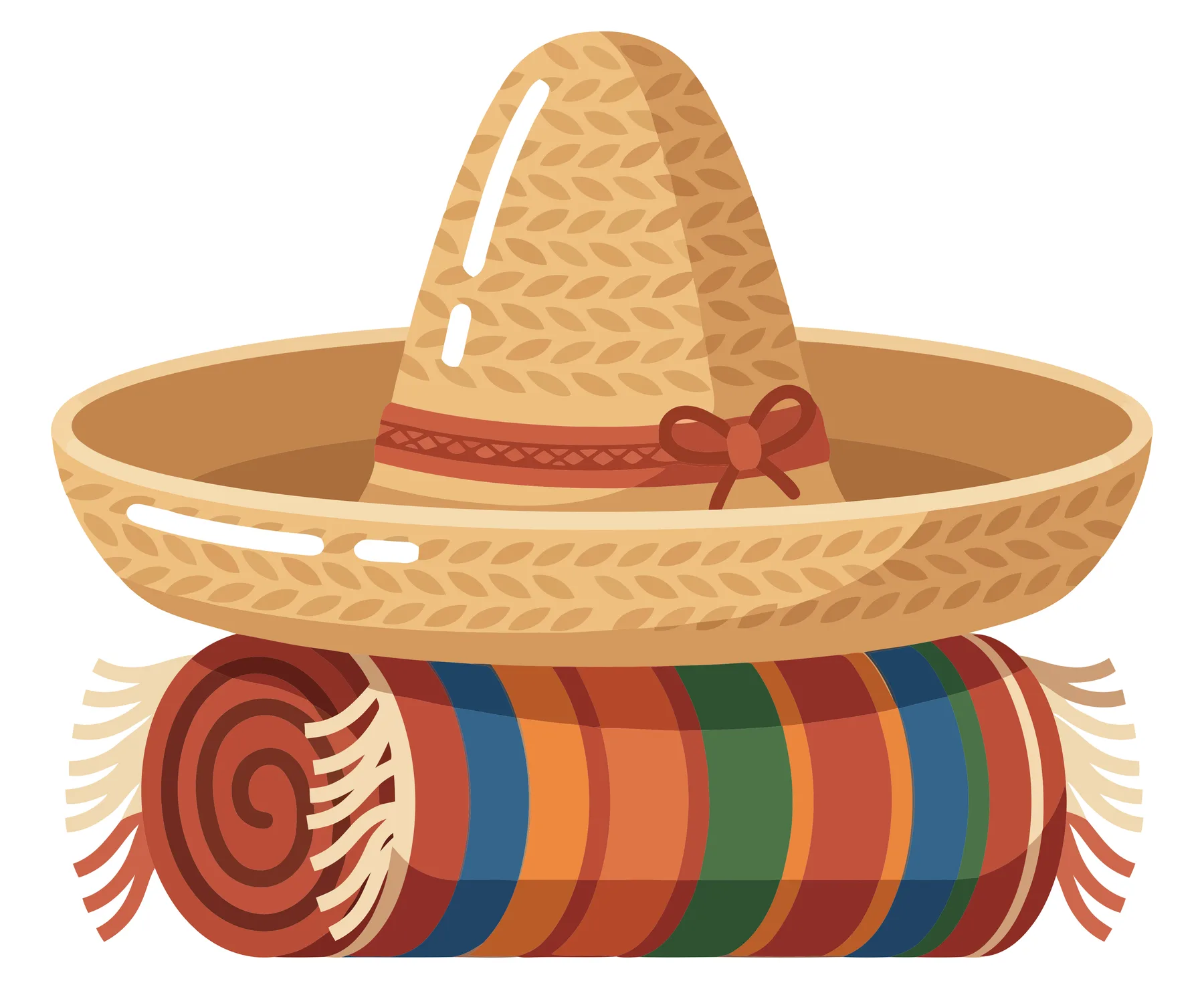 traditional mexican sombrero hat and colorful rolled serape blanket isolated on white background