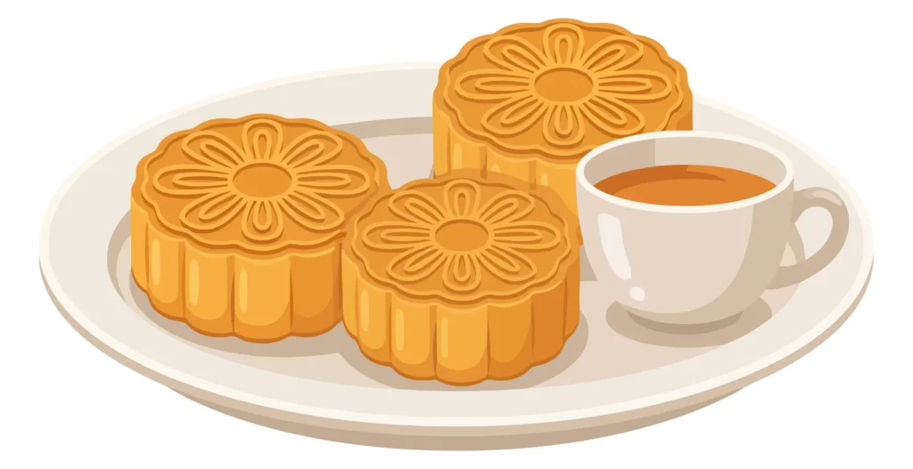traditional midautumn festival mooncakes with a cup of tea on a plate