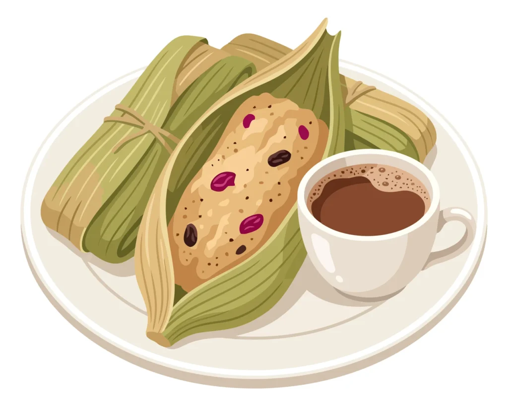 traditional tamales wrapped in corn husks served with a cup of hot coffee on a plate