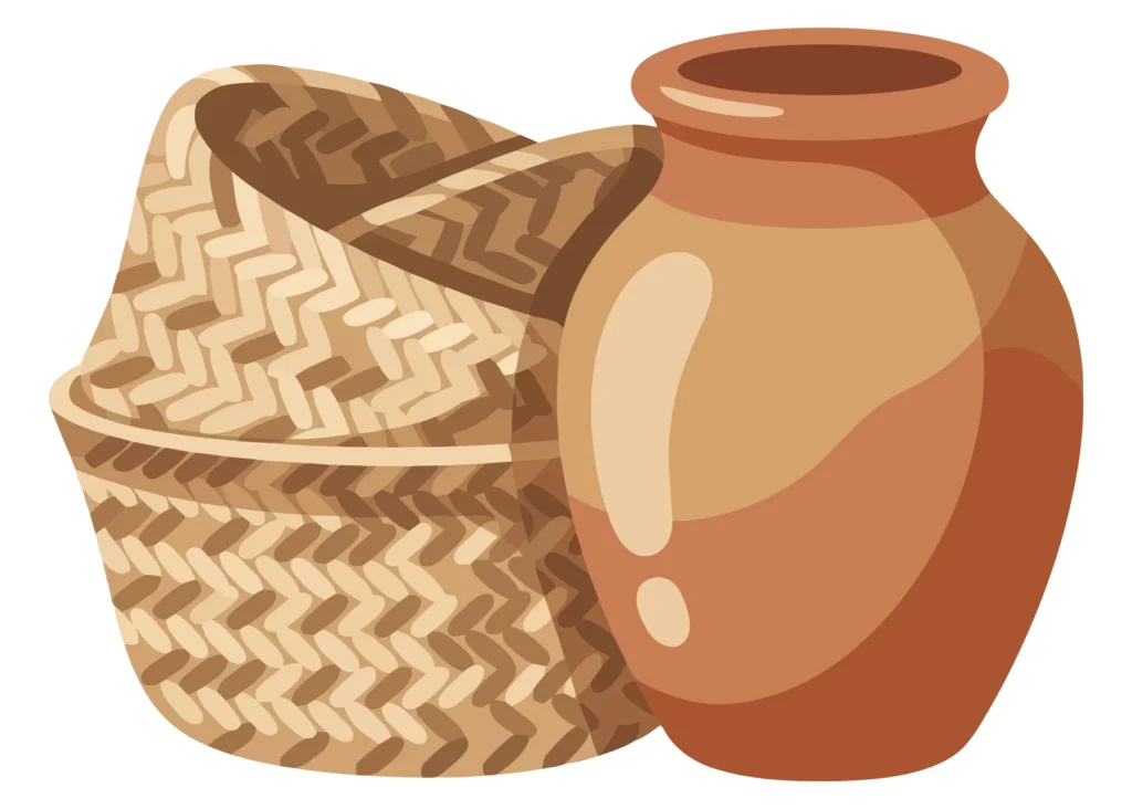 traditional woven basket and clay pot isolated on white background