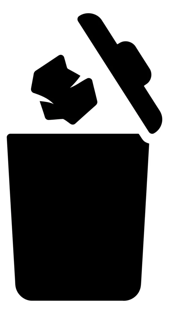 trash can icon with lid open and crumpled paper inside, simple flat design vector illustration