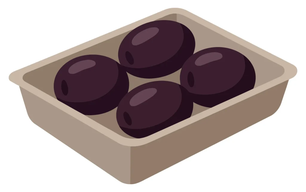 tray of black olives isolated on white background