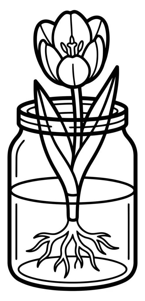 tulip flower growing in a glass jar with water and roots visible