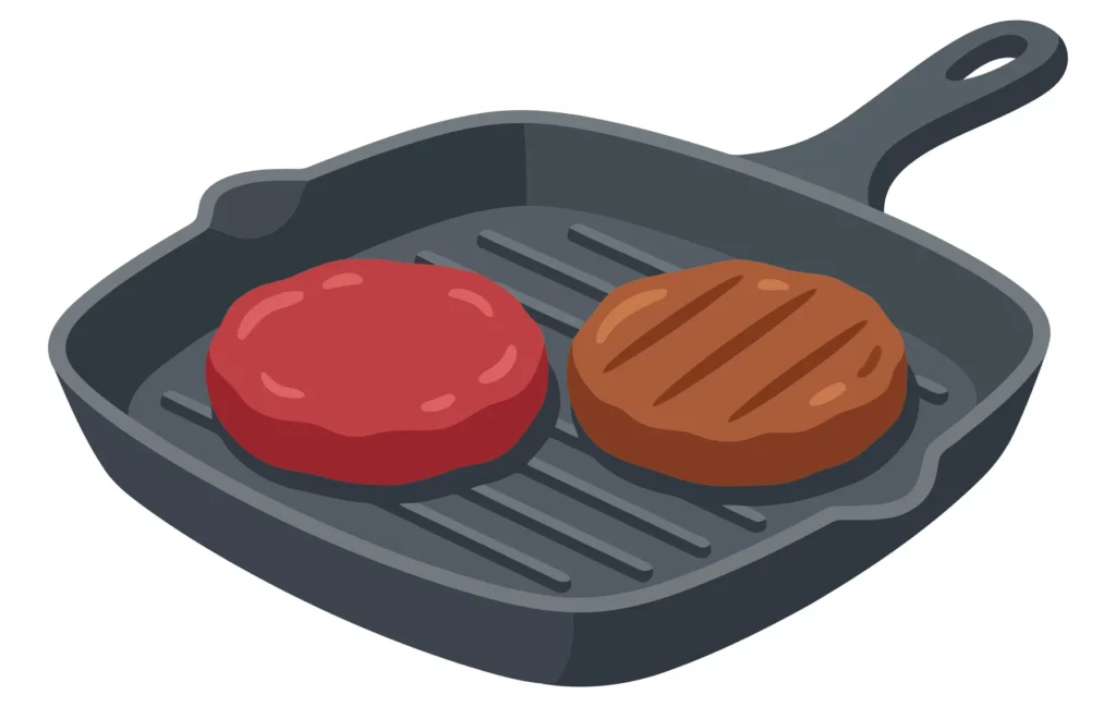 Two Burger Patties Cooking On A Cast Iron Grill Pan, One Raw And One Grilled With Char Marks, Isolated On White Background two burger patties cooking on a cast iron grill pan, one raw and one grilled with char marks, isolated on white background